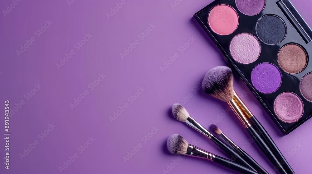 Makeup palette and brushes on purple backdrop for professionals Top down perspective with empty space Makeup palette and brushes on purple backdrop for professionals Top down perspective with empty space