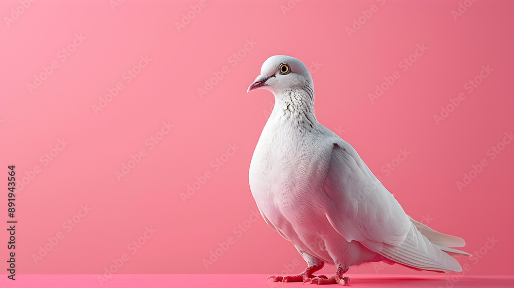 Fototapeta premium A stunning white dove stands against a vibrant pink background, symbolizing peace and love. Ideal for greeting cards, social media, and wellness marketing.