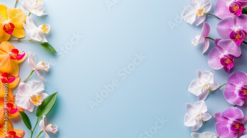 Colorful orchid flowers arranged on a light blue background, perfect for spring and summer themes with ample copy space.