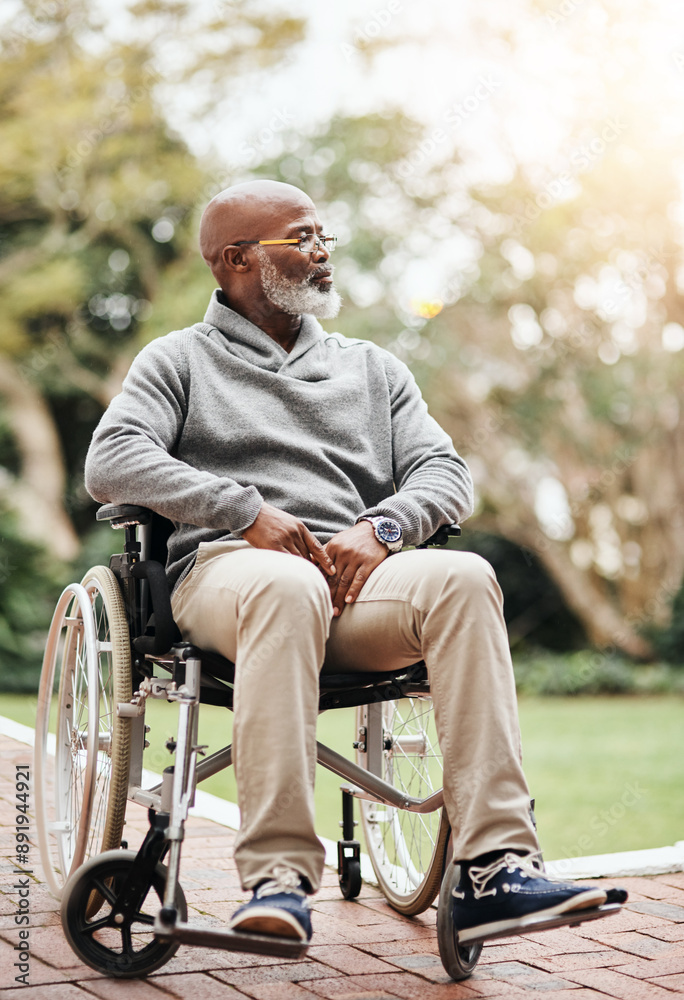 Obraz premium Thinking, nature and elderly man in wheelchair with memory, remember or reflection in outdoor park. Planning, dreaming and senior African male person with disability in retirement in garden or field.