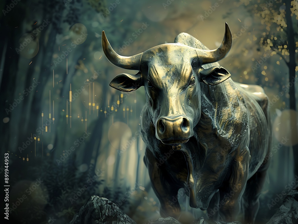 Naklejka premium Artistic bull in bronze, candlestick chart background, soft lighting, dark forest with bokeh, impressionist painting style,