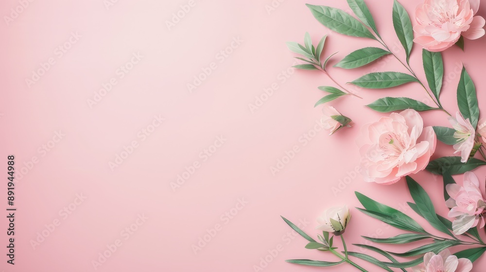 Fototapeta premium Elegant flat lay of pink roses and green leaves on a pastel pink background, perfect for romantic and floral-themed designs.