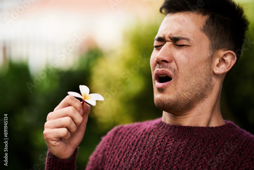 Photos Flower, sneeze and allergy for man, spring and sinus from pollen for illness