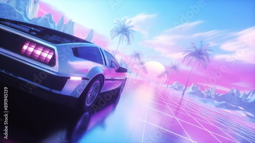 Colorful SynthWave Backdrop of Riding Car and Landscape photo