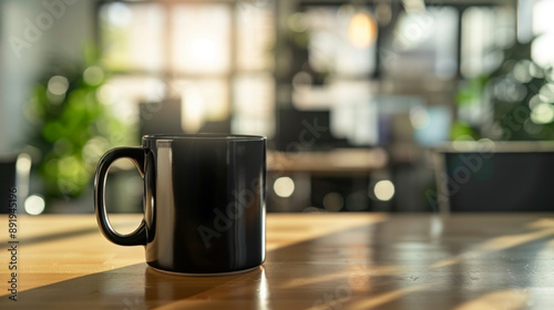 Photo of a black mug on an office desk with a blurred background, and copy space for text