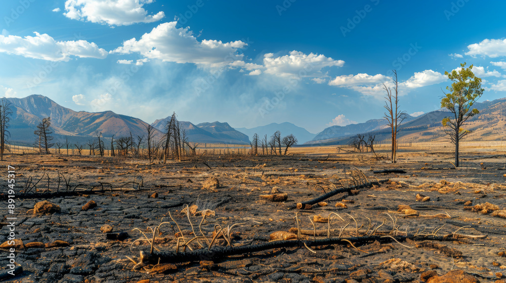 A desolate, charred landscape left in the wake of a forest fire, with a clear blue sky and barren, burnt trees. A desolate, charred landscape left in the wake of a forest fire, with a clear blue sky and barren, burnt trees.
