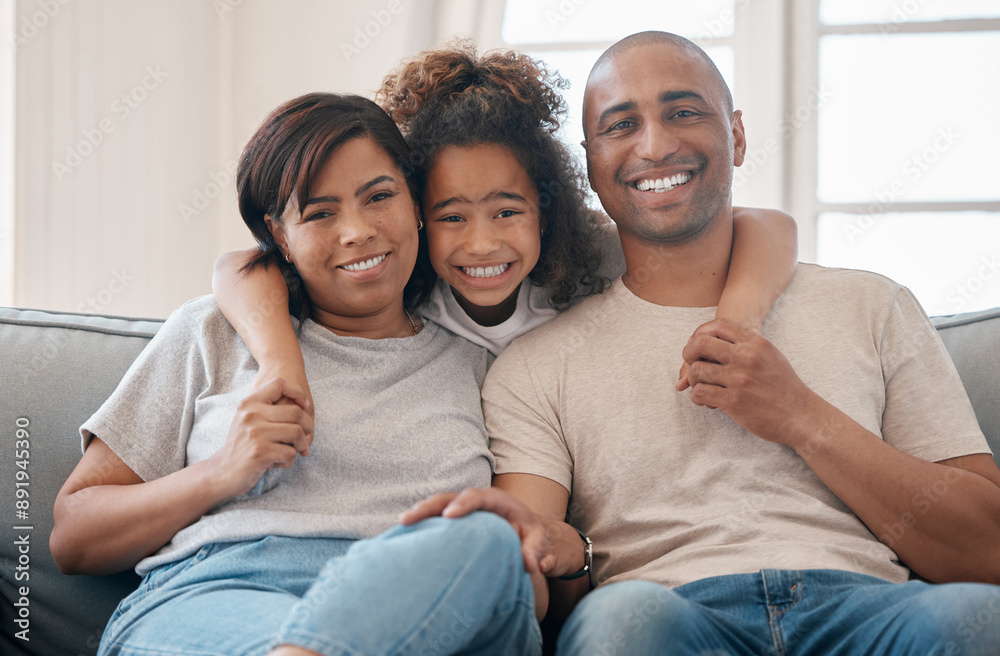 Portrait, mom and dad relax with girl on sofa for family time, bonding and embrace in modern house on weekend. Mother, father and child in home with hug for affection or care, together and cheerful. Portrait, mom and dad relax with girl on sofa for family time, bonding and embrace in modern house on weekend. Mother, father and child in home with hug for affection or care, together and cheerful.