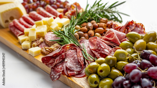 A variety of charcuterie items including cheeses, meats, nuts, olives, and grapes on a wooden board for gatherings. © Radomir Jovanovic