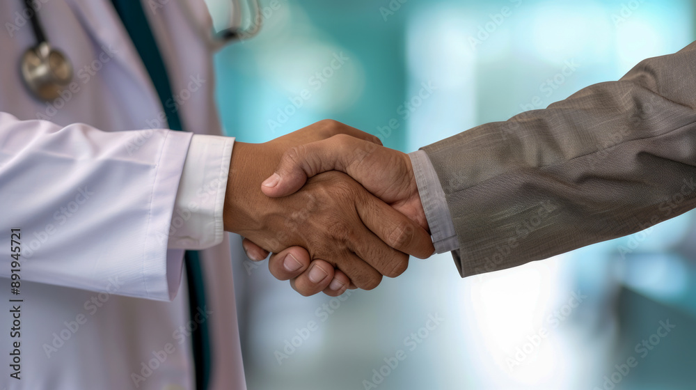 A firm handshake between a doctor in a white coat and a business person, symbolizing trust and professional cooperation. A firm handshake between a doctor in a white coat and a business person, symbolizing trust and professional cooperation.
