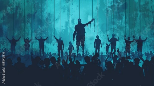 black outline of people manipulated by puppet strings, visual concept on mind control over blue backdrop, illustration for banner