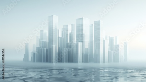 Futuristic cityscape with tall skyscrapers emerging from calm water, enveloped in serene mist with a soft, muted color palette.
