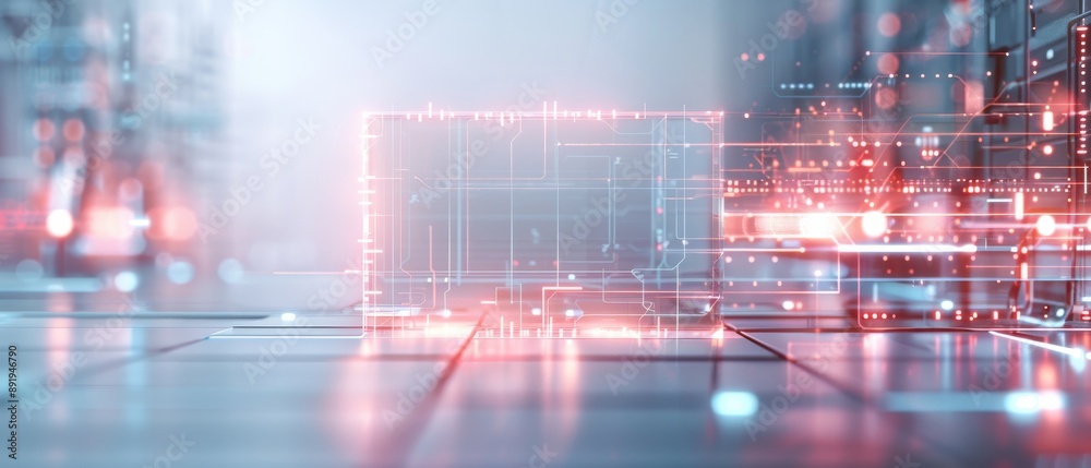 Fototapeta premium Futuristic digital technology background with glowing data blocks and circuits, representing modern computing and virtual reality concepts.