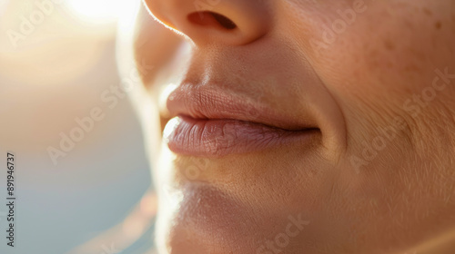 A close-up image of a person's lips and chin softly illuminated by warm sunlight, revealing delicate skin texture. photo