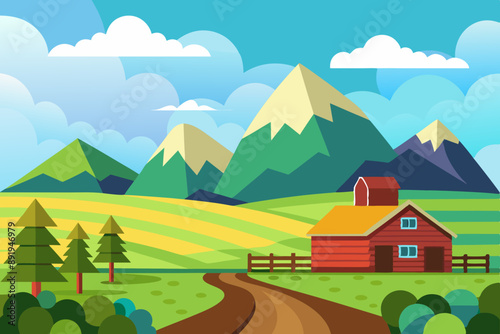 Landscape Silhouette Farm And Mountain Vector Illustration