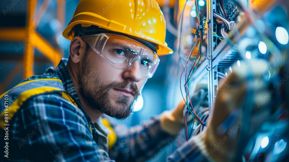 An electrician diligently working on intricate wiring in a complex, industrial setting, showcasing technical expertise and focus.