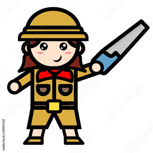 female archaeologist carrying a saw