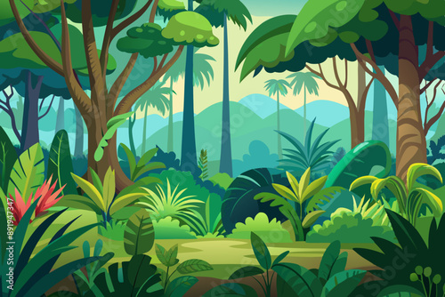 Vector horizontal seamless tropical rainforest Jungle forest background stock illustration