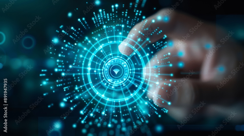 Obraz premium Hand touching a futuristic digital interface with blue light. Concept of technology, innovation, and cyber interaction.