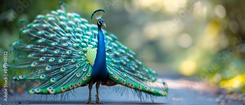 Majestic peacock with vibrant feathers fully fanned out, standing on a pathway in a natural setting with blurred background.