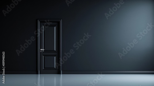 Minimalistic black door in a dark room with glossy floor reflecting light. Simple, modern interior design concept emphasizing space and contrast.