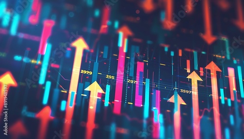 Abstract tech illustration of upward arrows, digital background with stock charts, financial growth concept,