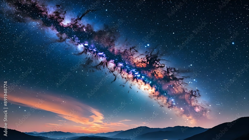 Milky Way galaxy over mountain range at night. Milky Way galaxy over mountain range at night.