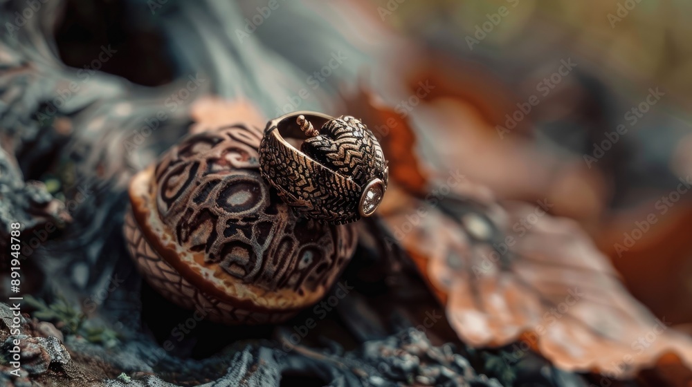 A tribal ethnic ring placed on an acorn in a still life composition A tribal ethnic ring placed on an acorn in a still life composition