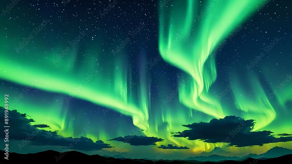 Naklejka premium Stunning night sky with vibrant green aurora borealis.