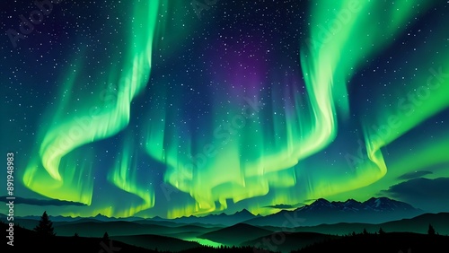 Majestic Northern Lights illuminate the sky over a dark mountain range, creating a breathtaking celestial display.