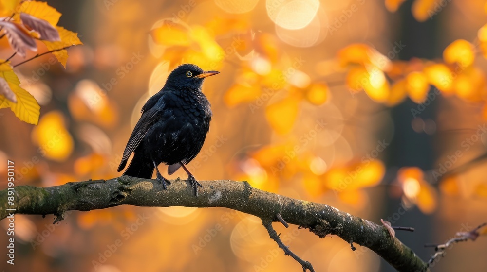 Blackbird perched on branch in Dutch forest during autumn Blackbird perched on branch in Dutch forest during autumn