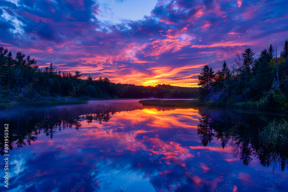 A lake or river reflecting the twilight sky, with vibrant colors A lake or river reflecting the twilight sky, with vibrant colors