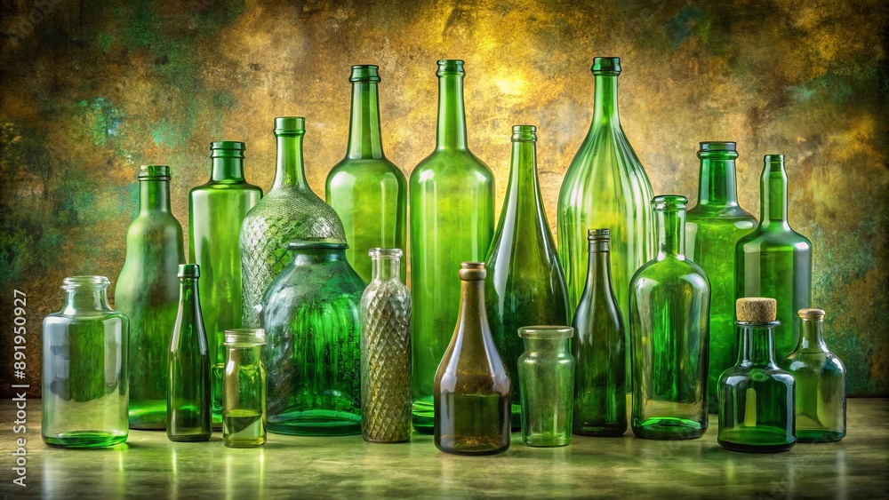 Vibrant artistic still life composition featuring assorted sizes of transparent green glass bottles arranged creatively on a decorative background. Vibrant artistic still life composition featuring assorted sizes of transparent green glass bottles arranged creatively on a decorative background.