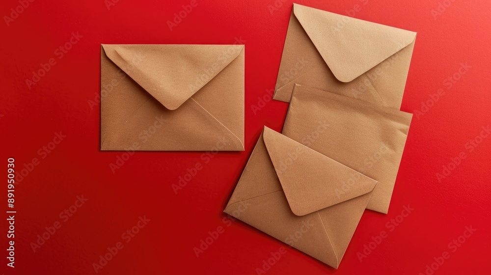 Mock Up of Three Kraft Paper Envelopes on Red Background for Postcard and Invitation
