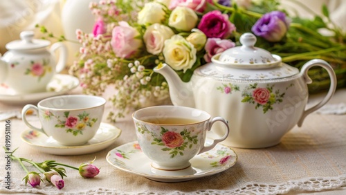 Elegant floral patterned china tea set with steaming teapot and dainty cups on lace tablecloth amidst lush greenery backdrop.