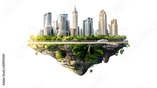 flying island with road and modern city isolate on white background 