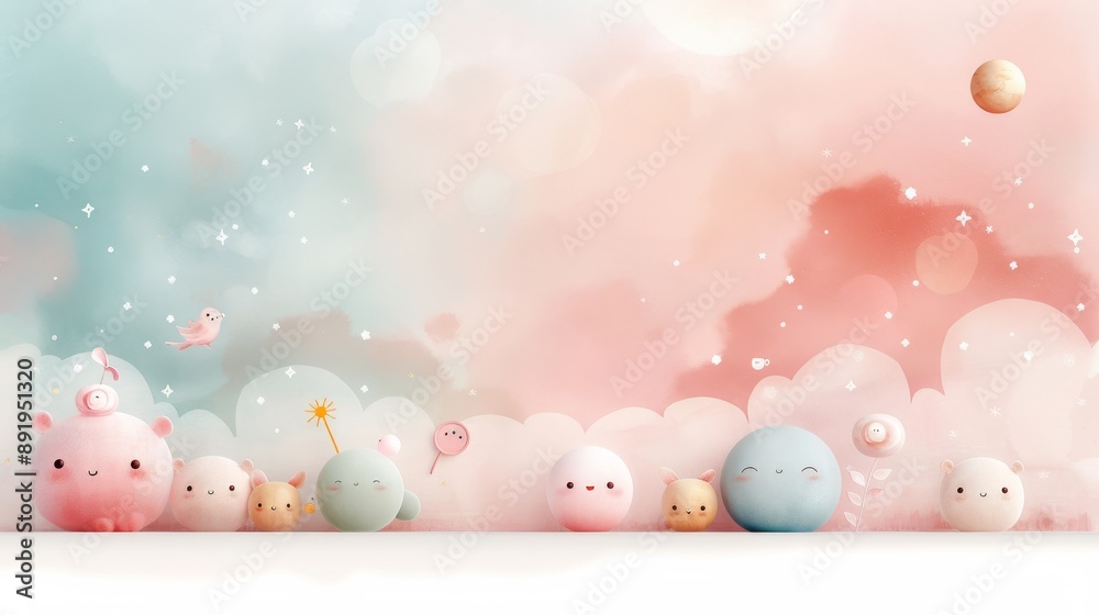 Whimsical pastel illustration featuring adorable round characters floating in a dreamy cloudscape. Ideal for cute and fantasy themes. Whimsical pastel illustration featuring adorable round characters floating in a dreamy cloudscape. Ideal for cute and fantasy themes.