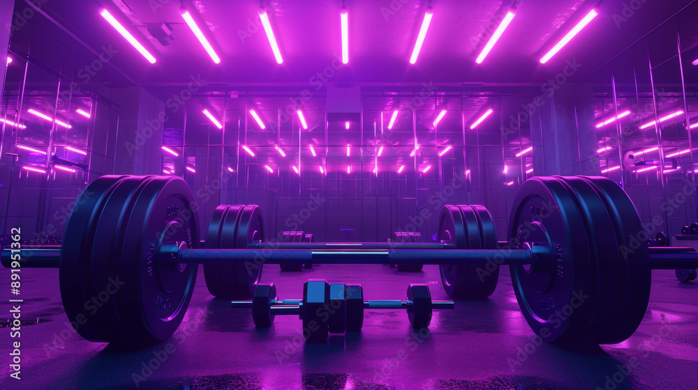 Fototapeta premium Modern gym interior with barbells and dumboral chocolate, illuminated by neon lights