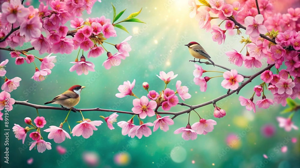 Fototapeta premium Vibrant pink cherry blossom flowers bloom with delicate petals against a retro green backdrop, adorned with tiny birds perched on branches.