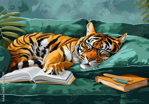 Cozy Tiger Sleeping on Sofa with Books and Glasses photo