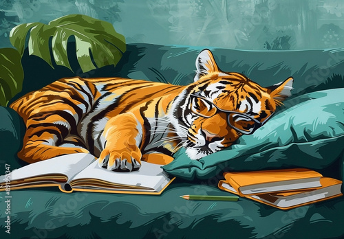 Cozy Tiger Sleeping on Sofa with Books and Glasses photo