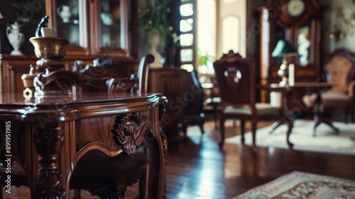 Expensive English made mahogany furniture in a room with blurred background photo