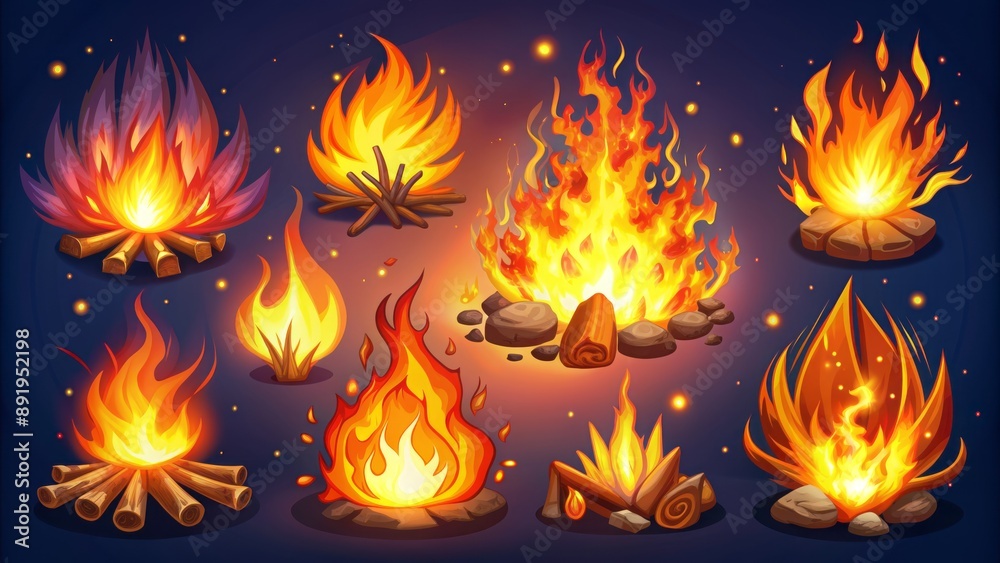 Vibrant cartoon set of comic flames and explosions with warm glowing elements and campfire objects on a bright fiery background. Vibrant cartoon set of comic flames and explosions with warm glowing elements and campfire objects on a bright fiery background.