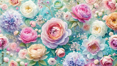 Vibrant colorful seamless floral background with blooming roses, peonies, and baby's breath, creating a whimsical romantic elegant atmosphere.