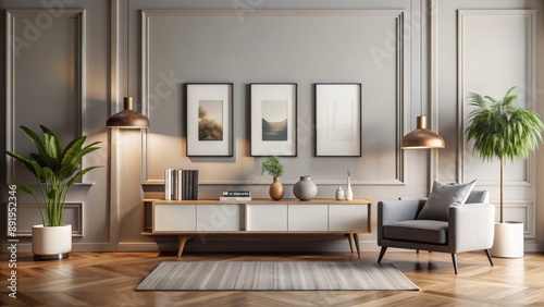 Elegant minimalist living room with large blank wall art space, modern furniture, and warm lighting, perfect for interior design visualization.