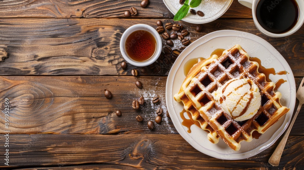 Fresh whole wheat waffles with ice cream, maple syrup and coffee on a wooden background. copy space Fresh whole wheat waffles with ice cream, maple syrup and coffee on a wooden background. copy space