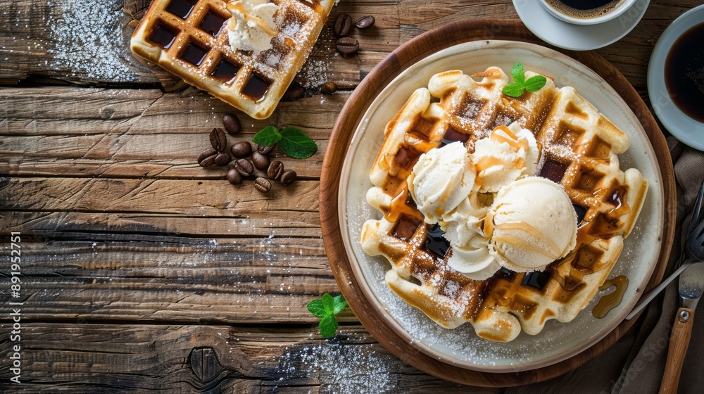 Fresh whole wheat waffles with ice cream, maple syrup and coffee on a wooden background. copy space Fresh whole wheat waffles with ice cream, maple syrup and coffee on a wooden background. copy space