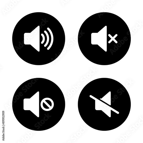 Speaker and volume off icon set on black circle. Sound level and volume off concept