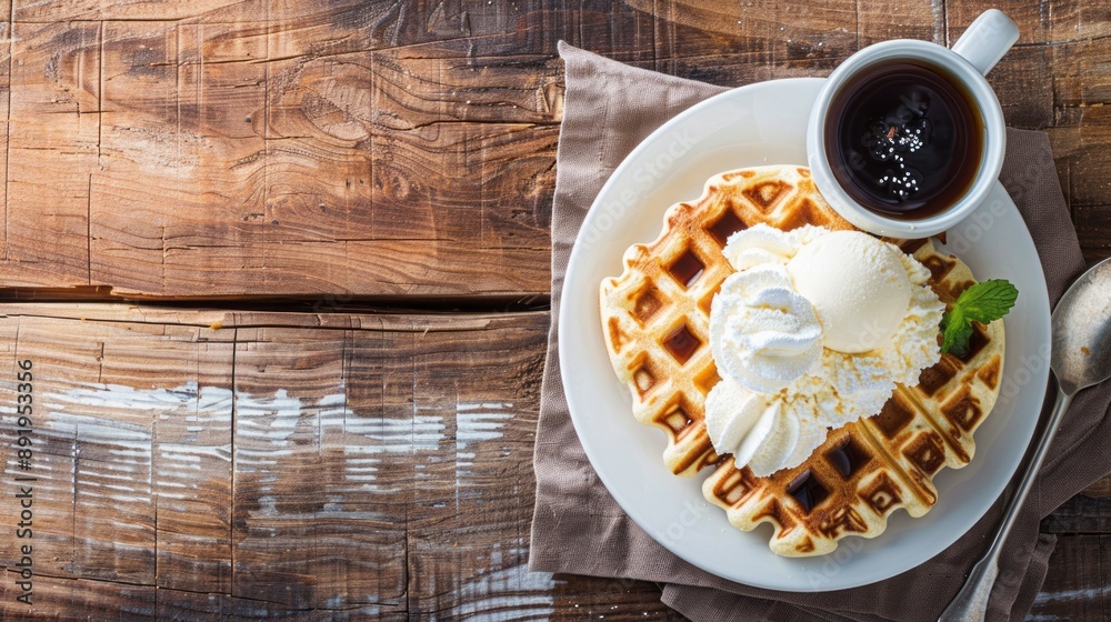 Fresh whole wheat waffles with ice cream, maple syrup and coffee on a wooden background. copy space Fresh whole wheat waffles with ice cream, maple syrup and coffee on a wooden background. copy space