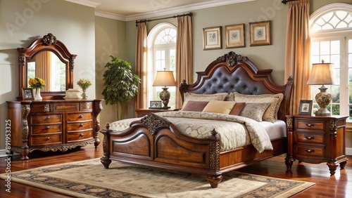 Cozy still life of tidy bedroom setup featuring intricately carved wooden chair beside eleganttable against backdrop of ornate bedframe. photo