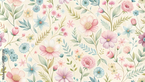 Delicate, whimsical floral arrangement featuring soft focus blossom clusters in gentle hues on a creamy white repeating background.